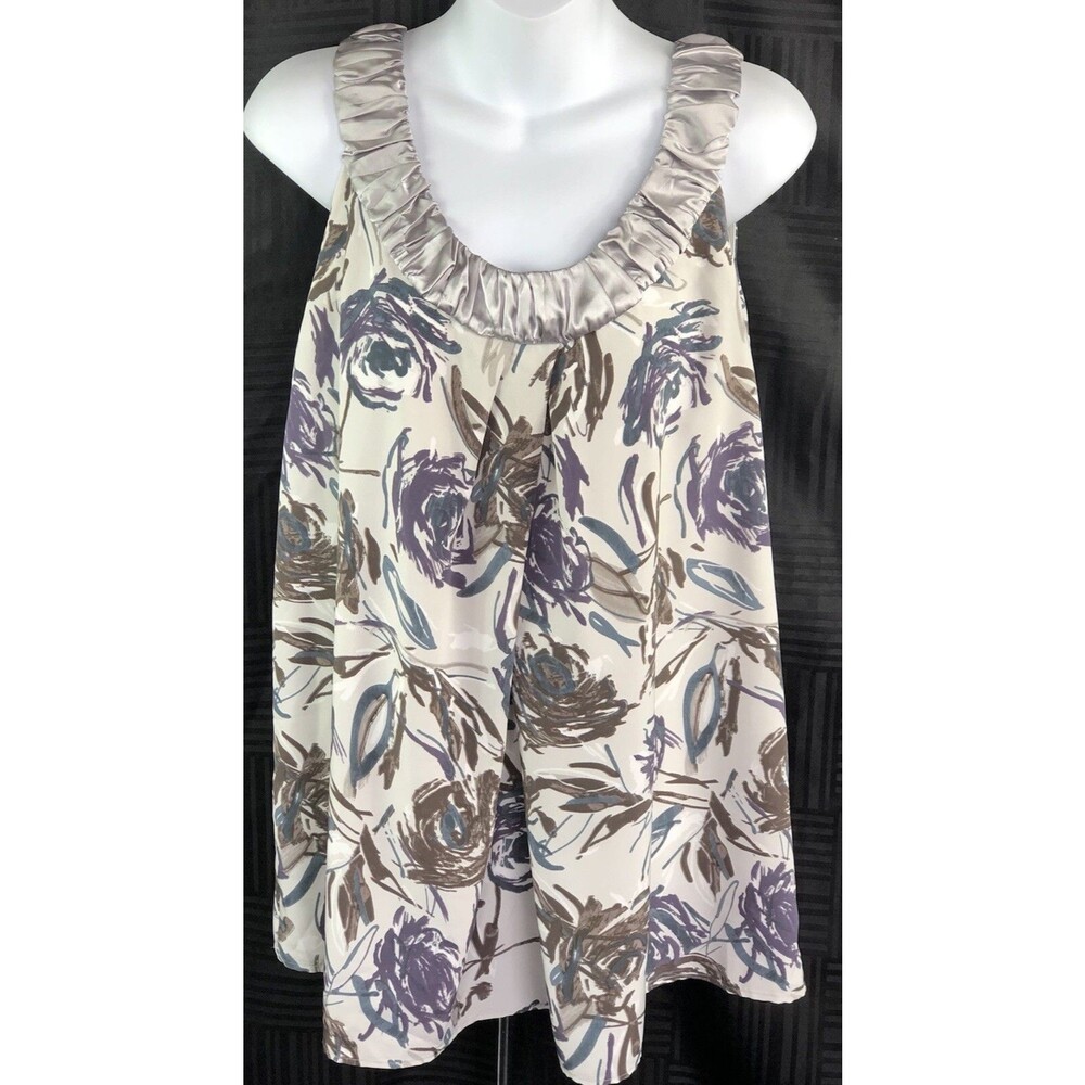 Vera Wang Sleeveless Tank Top 12 Gray/Purple Floral Satin Ruched Cottage Boho